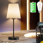 Aipsun Cordless LED Table Lamp 6000mAh Black Battery Operated Lamp Rechargeable Bedside Table Lamps,Nightstand Lamp with Fabric Linen Shade for Bedroom, Office, Living Room, Reading(1 Pack)