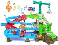 RISUNTOY 64PCS Train Engineering Adventure Track Toy for Kids 3+,Electric Climbing Ladder, Rotating Crane, Multi-Level Obstacles, Realistic Mining World with Parking&Gas Station,Ideal Gift