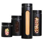 JS Gourmet 4 Pcs Stainless Steel Canisters Set for Kitchen with Glass Window and Airtight Lid, Perfect for Storing Coffee, Spaghetti, Sugar, Beans and Dry Ingredients (Black)