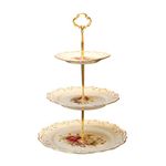 YOLIFE Flowering Shrubs 3 Tiered Cupcake Stand, Emboss Golden Leaves Edge Tea Party Pastry Tower, 6-8-10 inch