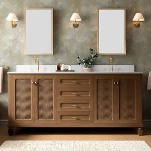 Royal Bath 72 Inch Doule Sink Bathroom Vanity, Solid Wood Frame, Hickory