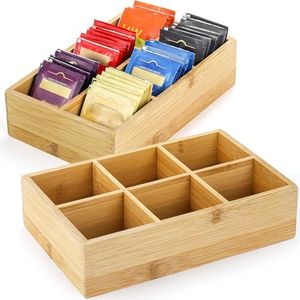 Dicunoy 2 Pack Bamboo Tea Bag Organizer, Wood Hot Tea Bag Drawer Storage Organizer Holder with 6 Compartments, Tea Chest Box for Coffee Station, Sugar Packet, Sweeteners, Small Packets