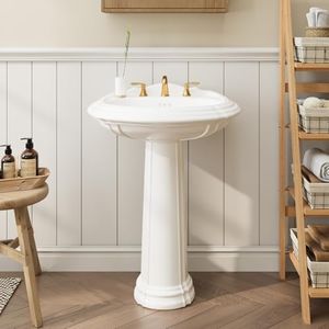 26" W X 20" D Bathroom Pedestal Sink,Vintage White Ceramic Vanity Sink with Overflow and 3 Pre-Drilled Holes - Fits 8-Inch Faucets,Freestanding Restroom Sink Combo for Small Spaces