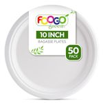 FOOGO Green 50 Disposable Sugarcane Bagasse Plates, 10 inch (25 cm), Large Round Sturdy Paper Plates, Eco Friendly Biodegradable, Home Compostable Plates for Hot Food, Picnic P Party,Bamboo Plates