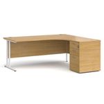 Office Monster Cooper right hand ergonomic desk 1800mm with white cantilever frame and desk high pedestal - oak