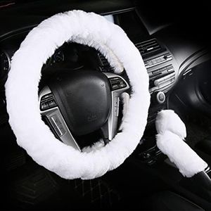 Cxtiy Car Steering Wheel Cover with Handbrake Cover & Gear Shift Cover, Fashion Steering Wheel Wrap Faux Wool Fluffy Soft and Warm in Winter Diameter 15 inch 3 Pcs 1 Set (White)