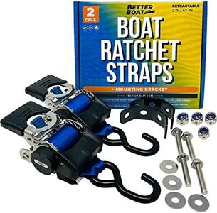 Stainless Steel Retractable Ratchet Straps, Heavy Duty Set, 2 Inch x 43 Inch, 2 Transom Tie-Downs with Mounting Brackets and Bolts, Auto Self-Retracting Buckle for Boat Trailer and Cargo