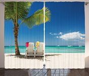 Ambesonne Seaside Curtains, Relaxing Scene on Vacation Beach Palm Tree Chairs and Boats Panoramic Picture, Living Room Bedroom Window Drapes 2 Panel Set, 108" X 84", Green Blue