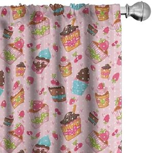 Ambesonne Pink Window Curtains, Kitchen Cupcakes Muffins Strawberries and Cherries Food Eating Sweets Print, Lightweight Decor 2-Panel Set with Rod Pocket, Pair of - 28" x 84", Brown Pink