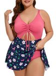 Summer Mae Women's Plus Size One Piece Swim Dress Floral Cutout Swimsuits V-Neck Bathing Suit with Skirt Firefly Meadow 22 Plus