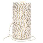 KINGLAKE 2mm White Cotton String Twine with Gold String, 100m Christmas String for Gift Wrapping, Glitter Metallic Cotton Bakers Twine Bauble String for Crafts Xmas Decoration Gardening