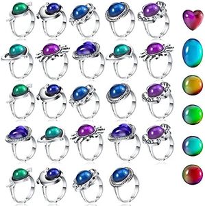 Hicarer 24 Pieces Adjustable Mood Rings Mixed Color Changing Mood Rings for Halloween Costume Props Birthday Party Favors and Goodie Bag Fillers, Girls, Boys, Adults, 8 Styles, Metal, alloy and earth
