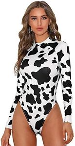 OYOANGLE Women's Casual Cow Print Mock-Neck High Leg Stretchy Bodysuit Tops Jumpsuit Black and White XS