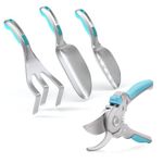 GOODSMANN Garden Tool Set 4PCS One-Piece Aluminum Small Gardening Hand Trowel & Weeding Cultivator with Broad Claw & Potting Soil Hand Shovel & Plant Shears with SK5 Head & Rubber Coated Gloves