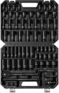 ZOMIYU 1/2" Drive Impact Socket Set, 66-Piece, Standard SAE (3/8"-1-1/4") & Metric (8-24mm), Cr-V, 6 Point Deep/Shallow Socket Set with Ratchet Handle, Extension Bar and Adapters