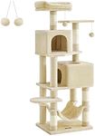 Feandrea Cat Tree, 155 cm Cat Tower for Indoor Cats, Plush Multi-Level Cat Condo with 5 Scratching Posts, 2 Caves, Hammock, 2 Pompoms, Beige PCT192M01