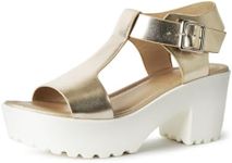 J. Adams Corby Platform Sandals Heeled Sandals for Women - T-Strap Chunky Mid Heel Sandal Wedges for Women - Women Footwear Platform Shoes - Summer Shoes for Women, Light Gold Vegan Leather, 9.5