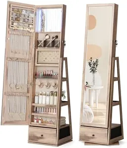 Nicetree 360° Swivel Jewelry Cabinet with Lights, Touch Screen Vanity Mirror, Rotatable Full Length Mirror with Jewelry Storage, Standing Jewelry Armoire Organizer, Foldable Makeup Shelf, Toasted Oak