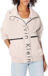 Calvin Klein Women's Lightweight Water Resistant Everyday Windbreaker, Logo Striped Oyster, Medium