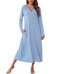 Marvmys Cotton Nightgowns for Women Long Sleeve Nightshirts Winter Warm Sleeping Gown with Pockets Light Blue