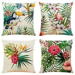 NIULAA Tropical Flowers Plants Cushion Covers Sets of 4 Decorative Linen Throw Pillow Cases 16 x 16 Flamingo Pillowcase 40cm x 40cm for Sofa Outdoor Garden Farmhouse