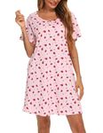 ENJOYNIGHT Womens Cotton Nightgown Short Sleeves Sleepshirt Print Nightshirt, Pink Ladybug, Large