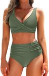 Yonique Women's Two Piece High Waisted Bikini Set Tummy Control Swimsuit Full Coverage Bathing Suit, Green, Large