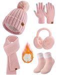 Xukk Women Winter Knit Hat Scarf Touch Screen Gloves Ear Muffs Socks 5 Pieces Sets Faux Fur Pom Beanie Warmer Cap(Pink)