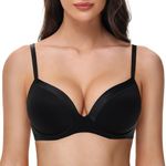 Deyllo Women's Push Up Smoothing Underwire Bra Padded Deep V T-Shirt Bra Lift Up One Cup(Black,36C)