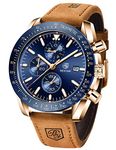 BENYAR Men's Watch Quartz Sports Chronograph Fashion Business Luxury Brand Waterproof Watch Analog Date Men's Brown Leather Watch for Men (Brown Gold Blue)