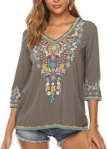 Higustar Mexican Tops for Women Embroidered Shirts Bohemian Hippie Clothes Tunic Fiesta Plus Size Boho Peasant Blouses, Grey