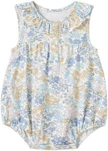 pureborn Baby Girls Bodysuit Ruffle Collar Bubble Romper Sleeveless Viscose From Bamboo One-Piece Outfit Blue Floral 9-12 Months