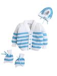 Little Angels Baby Sweater Set - 3 Pcs Woollen Full Sleeves V-Neck Textured Striped Sweater, Cap & Socks for Baby Boys 0 to 3 Months (Blue & White)