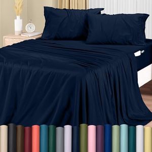 Utopia Bedding Full Size Sheet Set – Soft Microfiber 4 Piece Hotel Luxury Bed Sheets with Deep Pockets - Embroidered Pillow Cases - Side Storage Pocket Fitted Sheet - Flat Sheet (Navy)