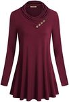 Miusey Cowl Neck Tunic, Women's Long Sleeve Loose Fit Flared Vintage Tunic Shirt Casual Swing Top Wine Red Large