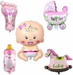 EZONEDEAL 5Pcs Baby Shower Foil Balloons Decoration Pram Rocking Horse Bottle Foot and Newborn (Pink)