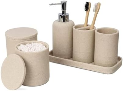 ZCCZ Juego de 6 Accesorios de baño Beige con Dispensador de jabón, 2 Soportes para hisopos, Soporte para Cepillo de Dientes, Vaso de baño y Bandeja de tocador, Organizador Decorativo para encimera