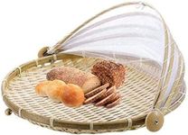 PENGQIMM Hand-Woven Tent Basket, Bamboo Tent Basket, Hand-Woven Bamboo Picnic Basket, Round Insect Proof Dustproof Basket, Tent Basket with Mesh Gauze Cover for Vegetables, Fruits, Bread (30 cm)