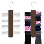 2 Piece Wooden Tie Hanger, Swivel Tie Racks, Tie Belt Rack, with 20 Metal Partitions and 360 Degree Rotating Clothes Hook, for Hanging Belts, Tie, Scarves, Neckties and More (Walnut Color)