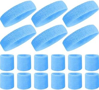 18 Pieces Sweatband Set Headband Wristband Set Sports Sweatbands Set Striped Sweatband Set 80s Sweatbands 90s Headband 70s Headband for Women (Blue)