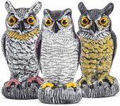 3 Pack Fake Owl Decoy to Keep Birds Away - Plastic Horned Owl Statues Bird Scarecrow Deterrents for Pigeon Hawk Squirrels Woodpecker, Halloween Decoration, Bird Scare Devices for Garden Outdoor Yard