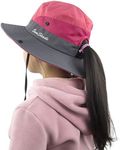 Muryobao Kids Girls Ponytail Summer Sun Hat Wide Brim UV Protection Bucket Cap - Red - One Size