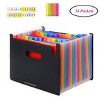 Qutaway Expanding File Folder Portable A4 Documents Storage Bag Plastic Business Paperwork File Organizer, Rainbow,Self Stand, Large Capacity, 24 Pockets