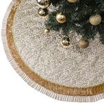 Valery Madelyn Christmas Tree Skirt for Tree Decorations, 60 Inch Fabric White Gold Small Xmas Velvet Tree Skirt with Embroidery Baroque Pattern & Pleated Border for Tree Merry Christmas Party Decor