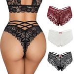 ROSVAJFY Women's Sexy Lace Criss Cross Panties Cheeky Bikini Underwear Low Rise Thongs Back Hollow Out Knickers Breathable Brief Stretchy Comfortable Tanga (UK, Alpha, M, Regular, Regular, 3 Pairs)