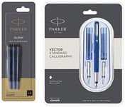 Parker Vector Standard Calligraphy CT Fountain Pen (Blue), 7 Piece Set (9000017372) Quink Ink Cartridges - Fountain Pen - Black- Pack of 3