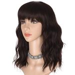 Morvally Short Wavy Bob Wig with Bangs for Women 16 Inches Natural Synthetic Hair Wavy Wigs (Dark Brown)