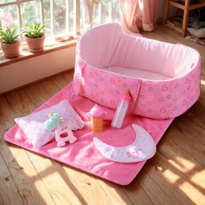 BABESIDE 7 Pcs Reborn Baby Doll Accessories Set for 17-22 Inch Babydolls, Baby Doll Bassinet with Baby Doll Bedding Set and Dolls Feeding Accessories for Realistic Baby Dolls, Pink