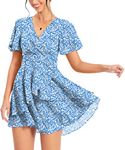 PCEAIIH Women's Cocktail Dresses Short Sleeve Empire Skater Dress Deep V-Neck Waist Tie Ruffle Mini Swing Dresses L Floral Blue