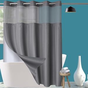 Extra Long No Hook Shower Curtain with Snap in Liner Set, Hotel Luxury Grey Fabric Shower Curtains for Bathroom with See Through Top Window, Washable, Waterproof 71W x 84H